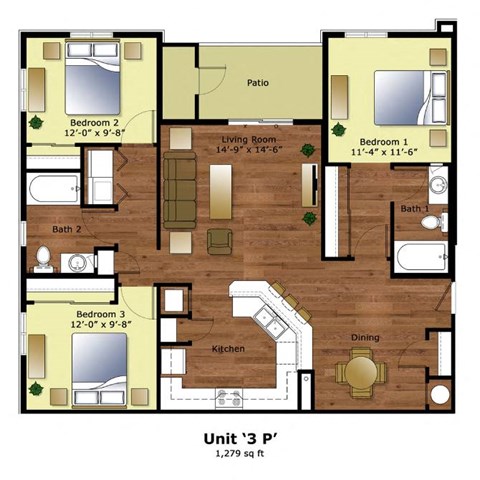 Floor plan for 3 beds, 2 baths, 1279 sqft
